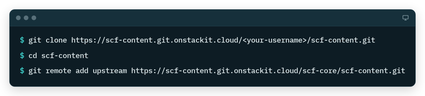 Terminal: git clone of your fork, cd scf-content, git remote add upstream