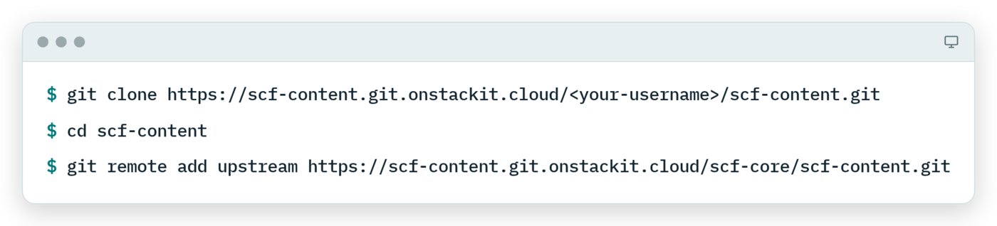Terminal: git clone of your fork, cd scf-content, git remote add upstream