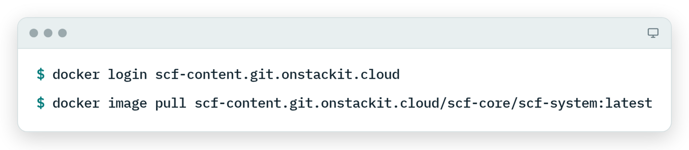 Terminal on your computer: docker login, then docker image pull of the scf-system image