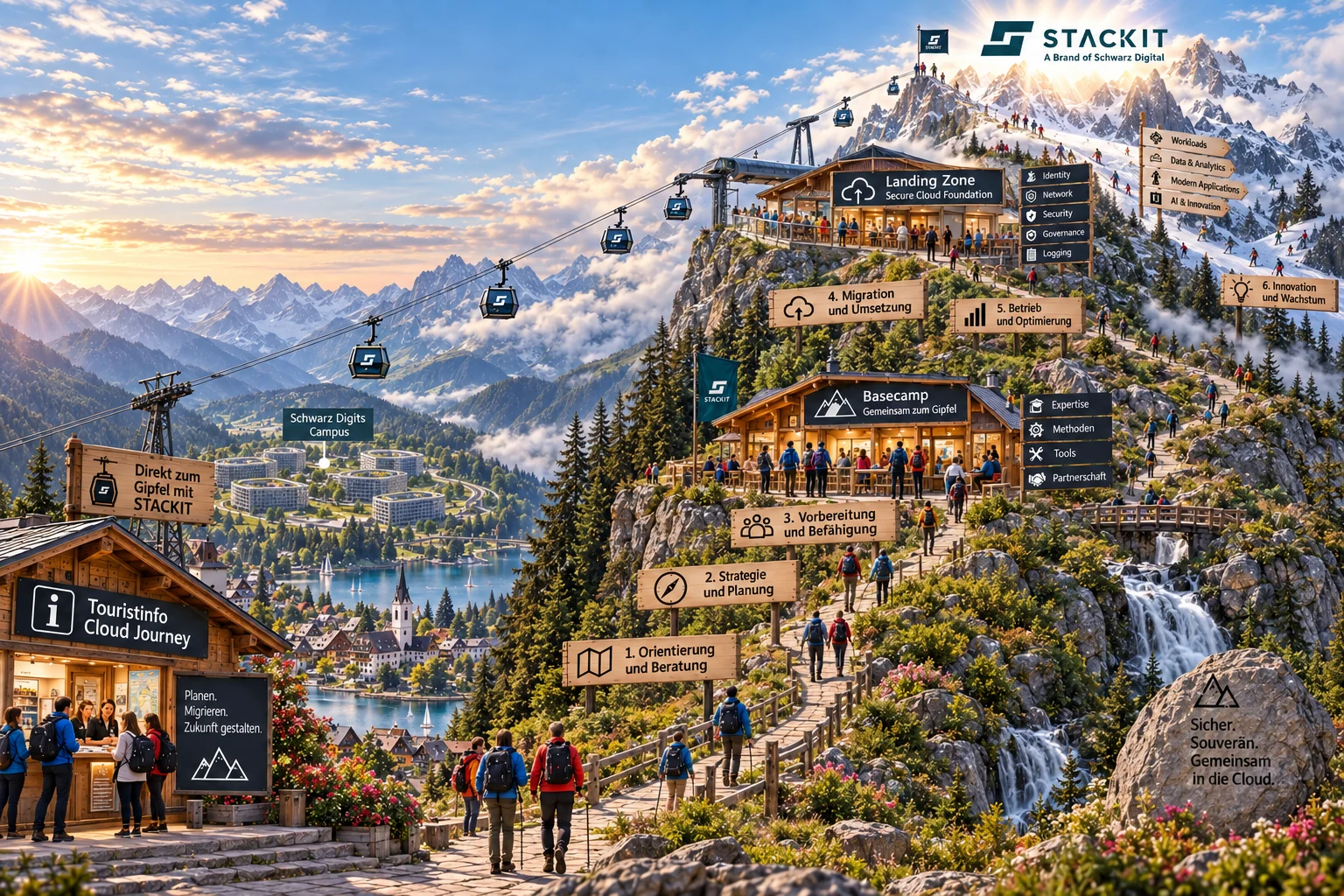 Mountain journey to STACKIT with German signs for orientation, strategy, preparation, migration, operations, and innovation, plus basecamp and a landing zone lodge
