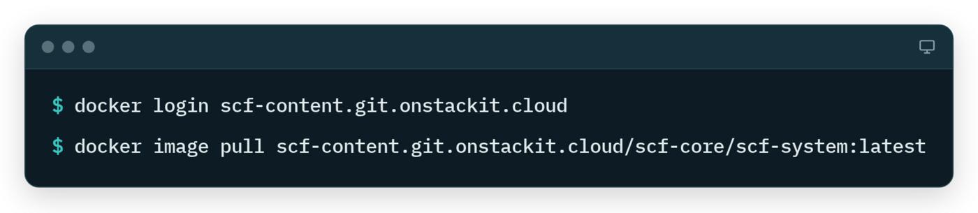 Terminal on your computer: docker login, then docker image pull of the scf-system image