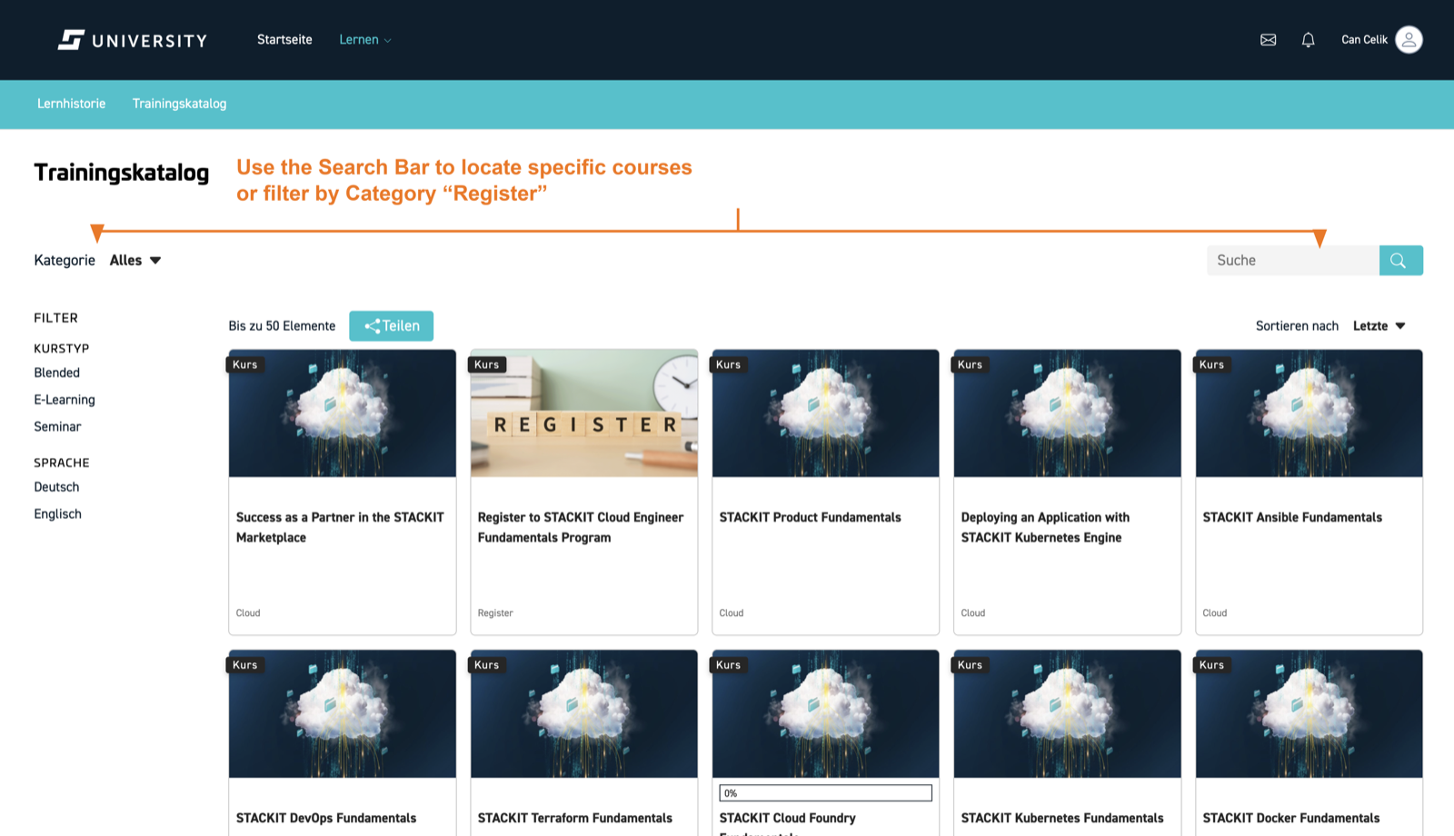The STACKIT University training catalogue, with the search bar and category filter highlighted